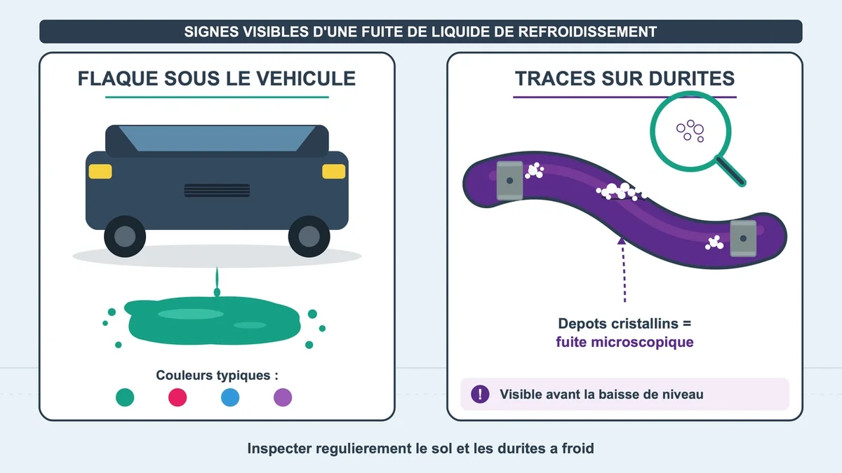 Flaque de liquide coloré sous un véhicule avec traces sur des durites environnantes