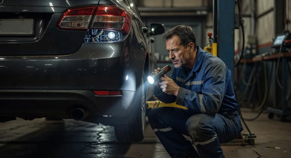 Technicien effectuant un contrôle des feux arrière d'une voiture sur un plateau de contrôle technique