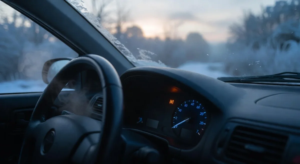Tableau de bord d'une voiture avec voyant de préchauffage allumé et fumée blanche à l'échappement