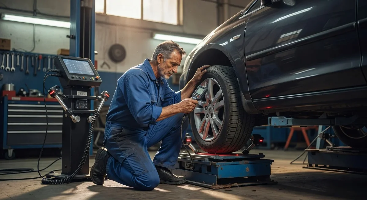 Mécanicien vérifiant l'alignement et la pression des pneus d'une voiture pour leur durabilité