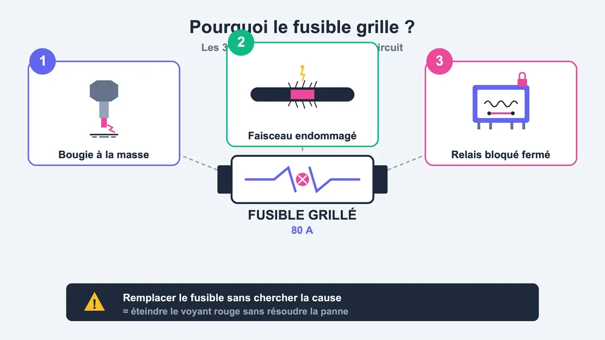 Schéma explicatif des causes du grillage d'un fusible de préchauffage avec icônes illustratives