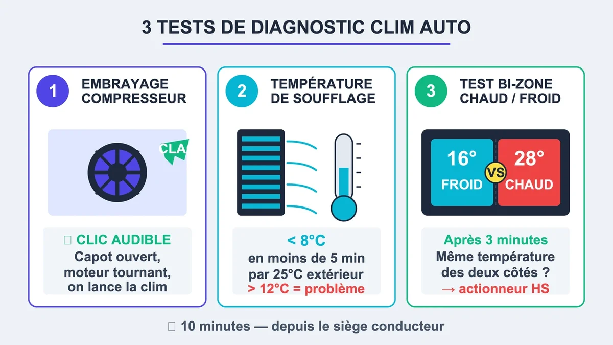 Infographie illustrant les trois tests pour diagnostiquer un problème de climatisation en voiture