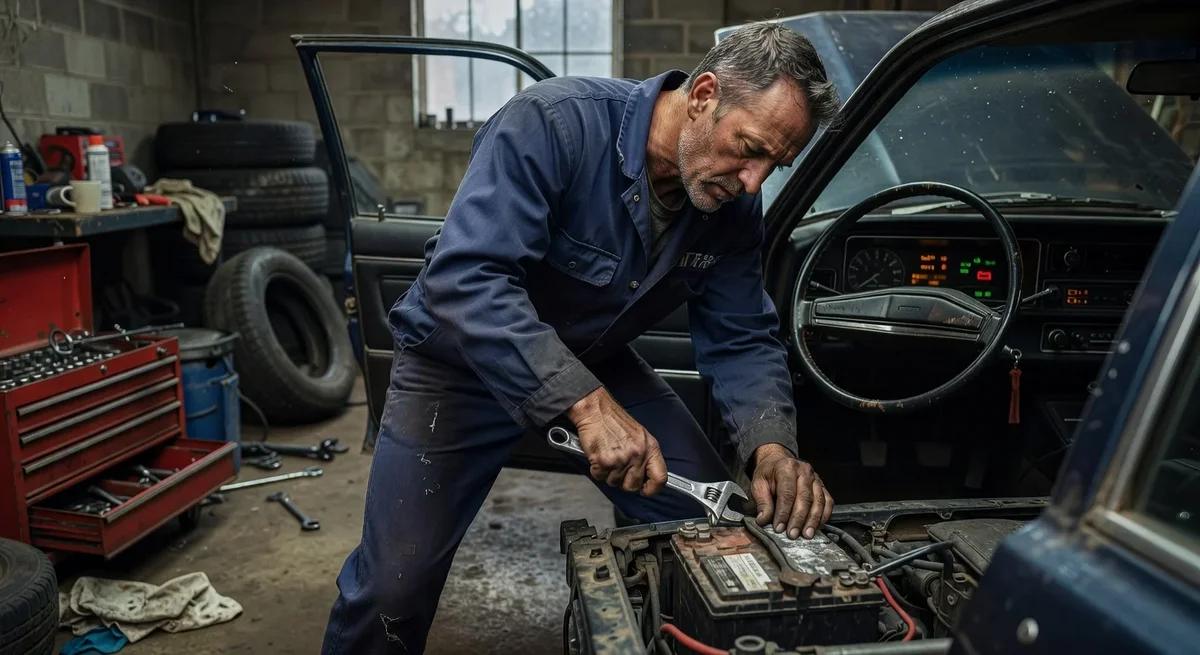 Personne débranchant la batterie d'une voiture dans un garage éclairé avec un tableau de bord visible