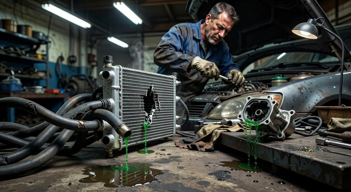 Un mécanicien répare un moteur avec des durites usées et un radiateur endommagé à l'atelier auto