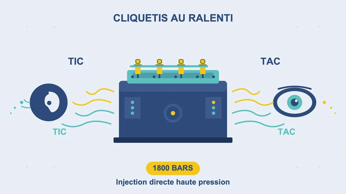 Moteur diesel avec injecteurs et ondes sonores symbolisant le cliquetis au ralenti