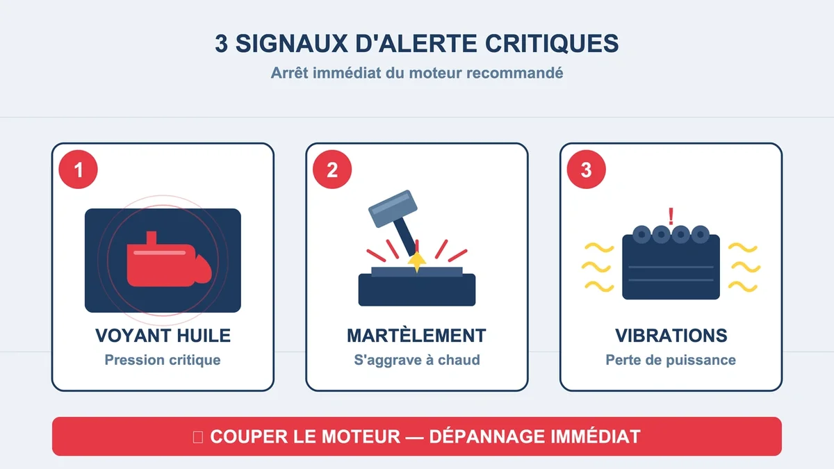 Indicators d'alerte pour moteur de voiture : voyant rouge, symbole de martèlement et moteur en vibration