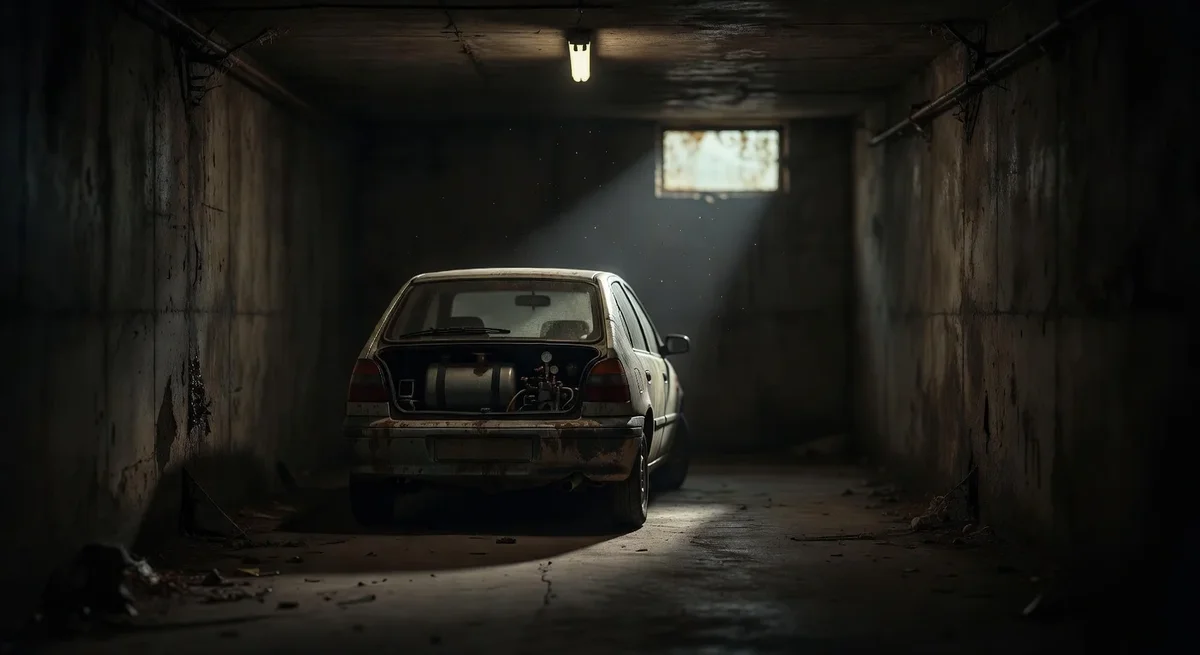 Voiture GPL garée dans un garage sombre avec une petite fenêtre, illustrant un manque de ventilation