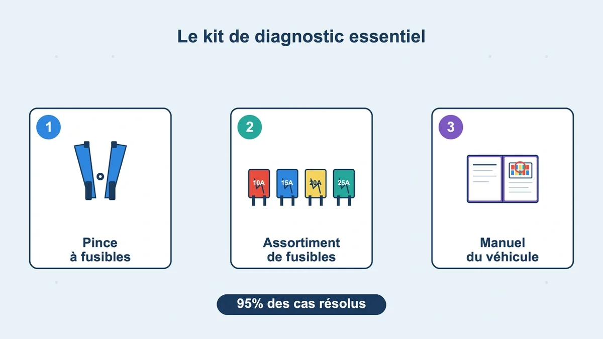 Pictogrammes d'une pince à fusibles, fusibles variés et manuel d'utilisation pour diagnostiquer un allume-cigare