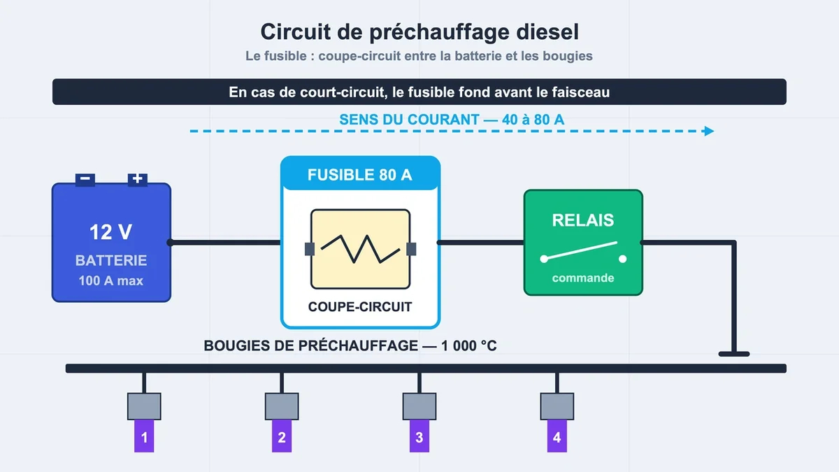 Schéma explicatif du fusible de préchauffage et de son interaction avec les bougies de préchauffage