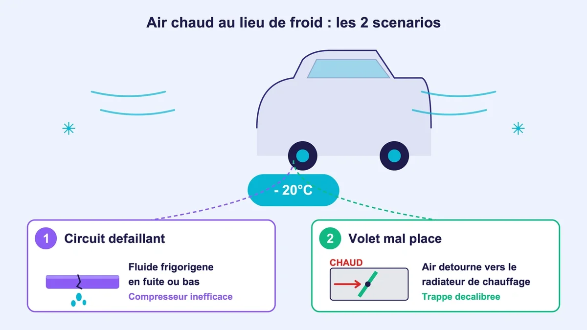Schéma illustrant les scénarios de défaillance d'une climatisation auto en été
