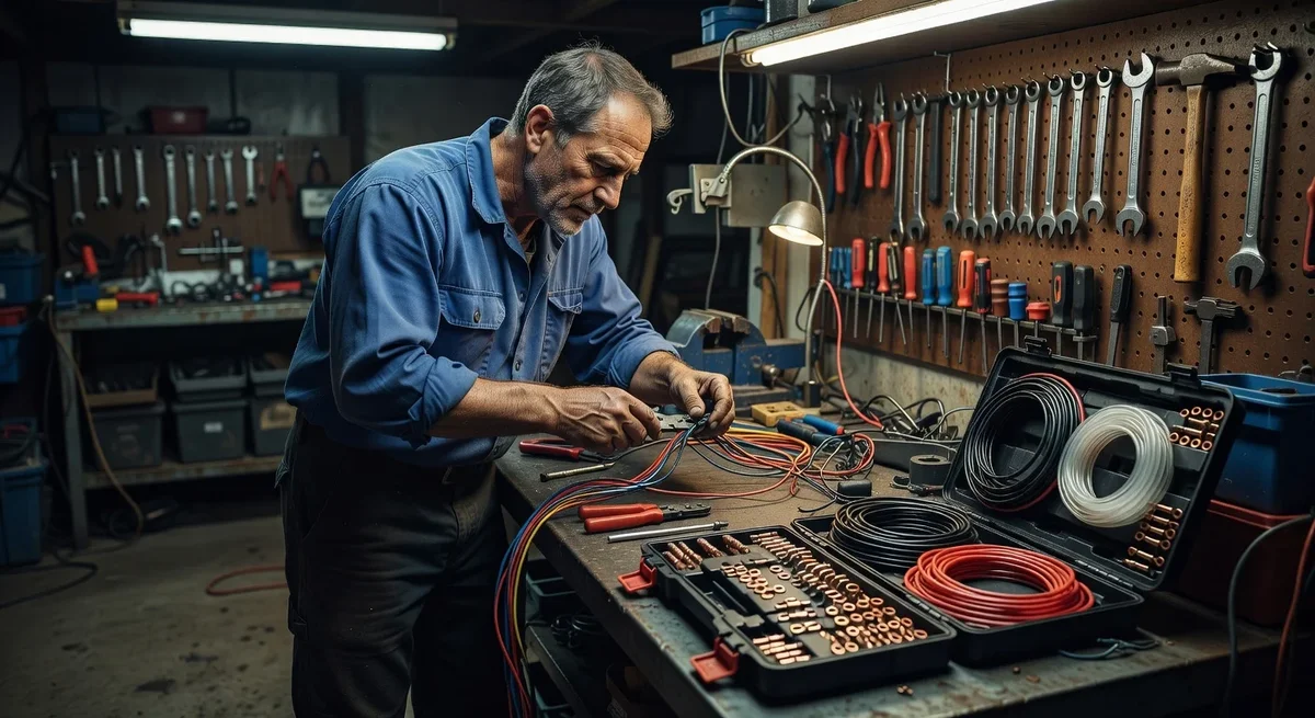 Bricoleur réparant un faisceau électrique dans un garage avec outils et kit de réparation ouverts