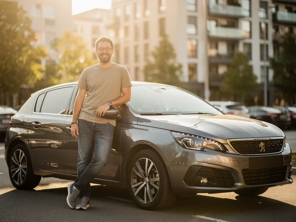 Conducteur satisfait à côté d'une Peugeot d'occasion avec moteur 1.6 PureTech en milieu urbain ensoleillé