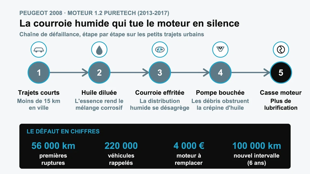 Illustration d'un moteur automobile avec une courroie de distribution endommagée et débris visibles